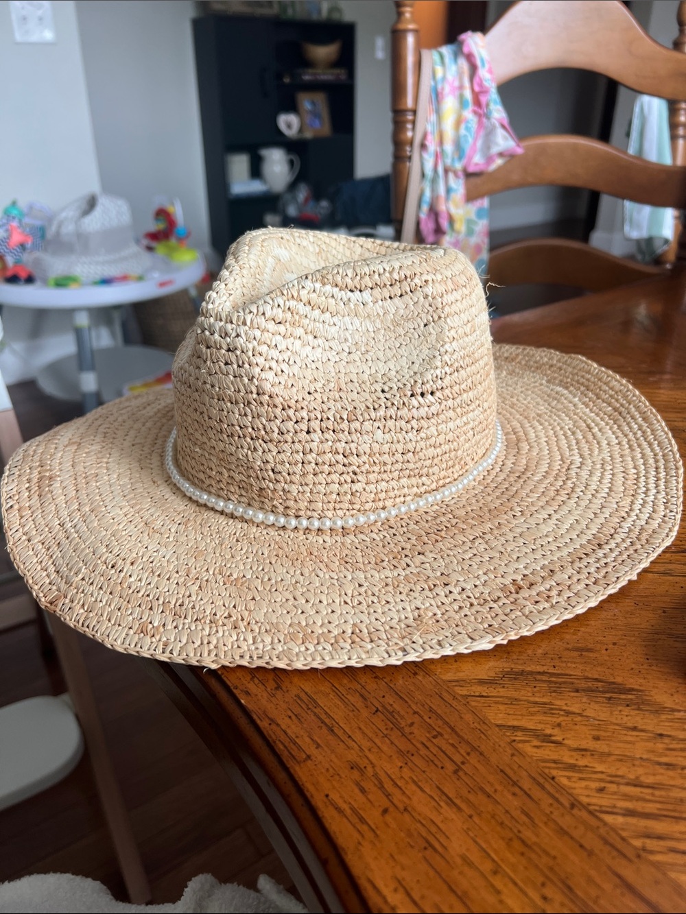 J. Crew Raffia Straw Wide-Brim Hat with Pearl Trim